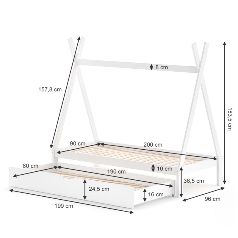 Lit Gigogne Cabane Tipi 200cm, Matelas 4 Lit Gigogne Cabane Tipi 200cm, Matelas – Image 4