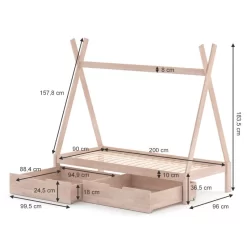 Lit Cabane Tipi 200cm Nature & 2 Tiroirs -Meubles Pour Enfants b85636a92fb74baf97447945a648ac97