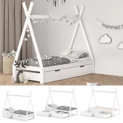 Lit Cabane Tipi 200cm Blanc & 2 Tiroirs -Meubles Pour Enfants c955e789cfd24e6c8b5db1cf690f8321